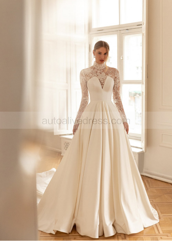 High Collar Ivory Lace Satin Fabulous Wedding Dress